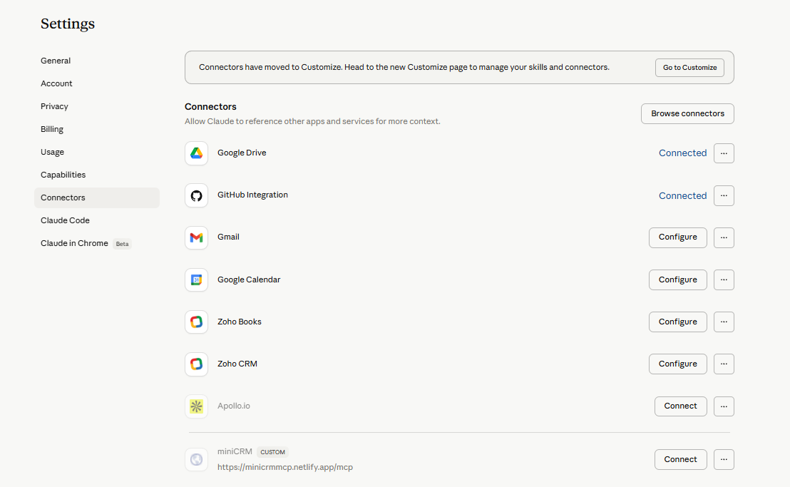 Claude AI Connectors beállítások - Magyar MCP Connect gomb